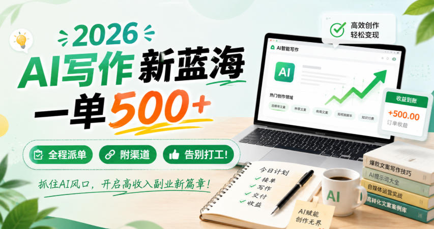 2026 AI写作新蓝海,一单500+,全程派单,附渠道,告别打工!【揭秘】-优优云网创