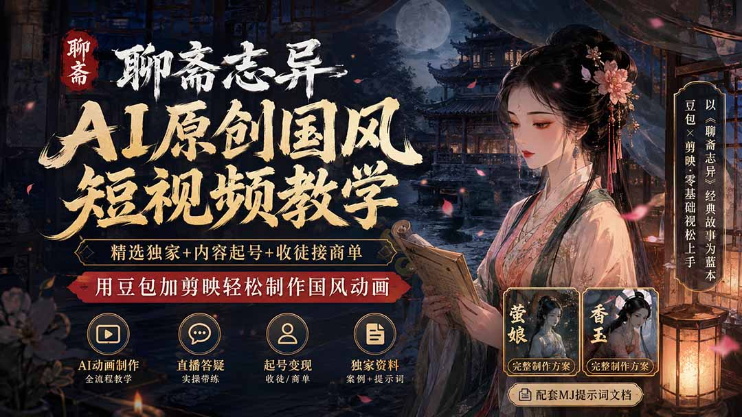 聊斋志异AI原创国风短视频教学;精选独家+内容起号+收徒接商单,用豆包加剪映轻松制作国风动画-优优云网创