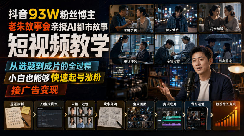 抖音93W粉丝博主老朱故事会亲授AI都市故事短视频教学，从选题到成片的全过程，小白也能够快速起号涨粉接广告变现-优优云网创