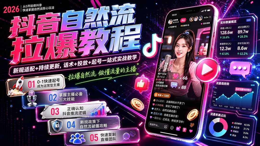 抖音自然流拉爆教程-更新8月：做懂流量的主播，新规适配+持续更新，话术+投放+起号一站式实战教学-优优云网创