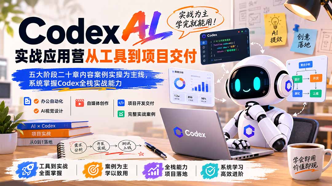 Codex AI实战应用营从工具到项目交付;五大阶段二十章内容案例实操为主线,系统掌握Codex全栈实战能力-优优云网创