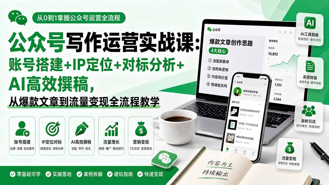 公众号写作运营实战课:账号搭建+IP定位+对标分析+AI高效撰稿,从爆款文章到流量变现全流程教学-优优云网创