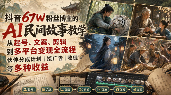 抖音67W粉丝博主的AI民间故事教学，从起号、文案、剪辑到多平台变现全流程，伙伴分成计划接广告等多种收益，月入1W+-优优云网创