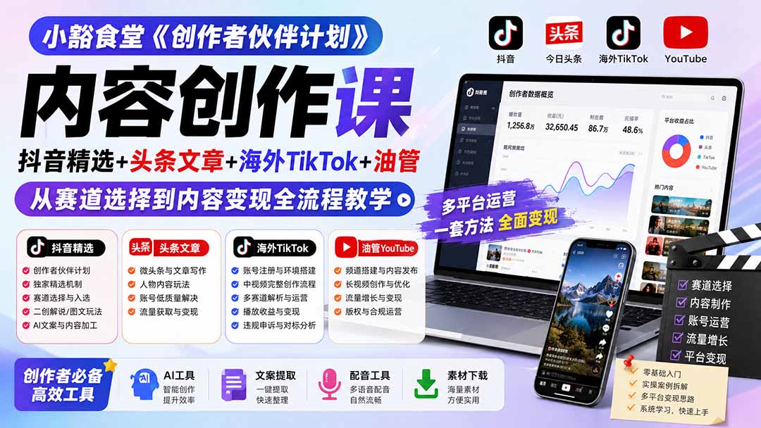 小豁食堂《创作者伙伴计划》内容创作课:抖音精选+头条文章+海外TikTok+油管,从赛道选择到内容变现全流程教学-优优云网创