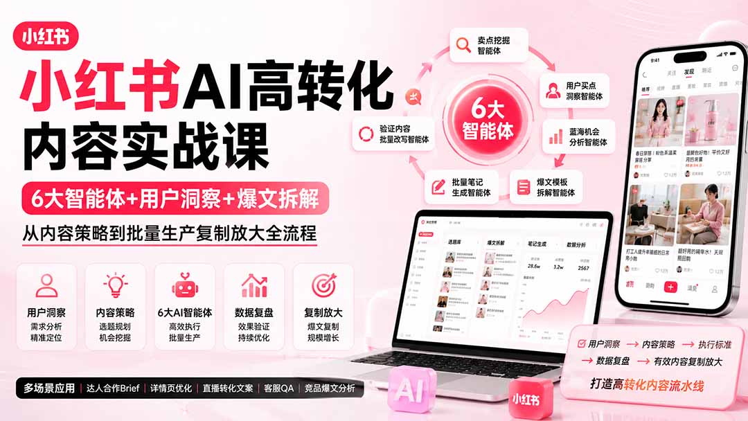 小红书AI高转化内容实战课：6大智能体+用户洞察+爆文拆解，从内容策略到批量生产复制放大全流程-优优云网创