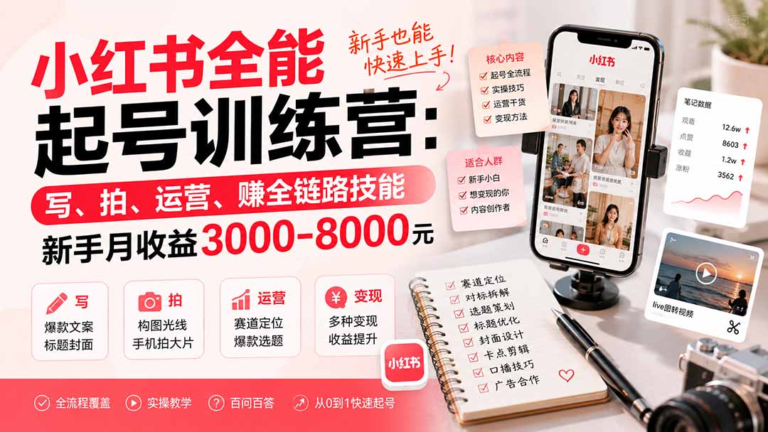 小红书全能起号训练营-更新:写、拍、运营、赚全链路技能,新手月收益3000-8000元-优优云网创