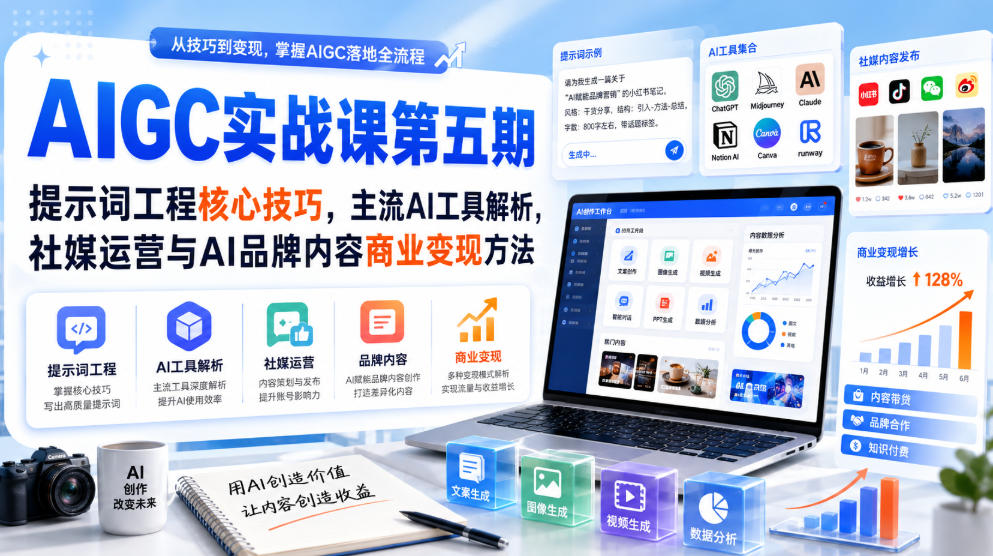 刺猬星球·AIGC实战课第五期,提示词工程核心技巧,主流AI工具解析,社媒运营与AI品牌内容商业变现方法-优优云网创