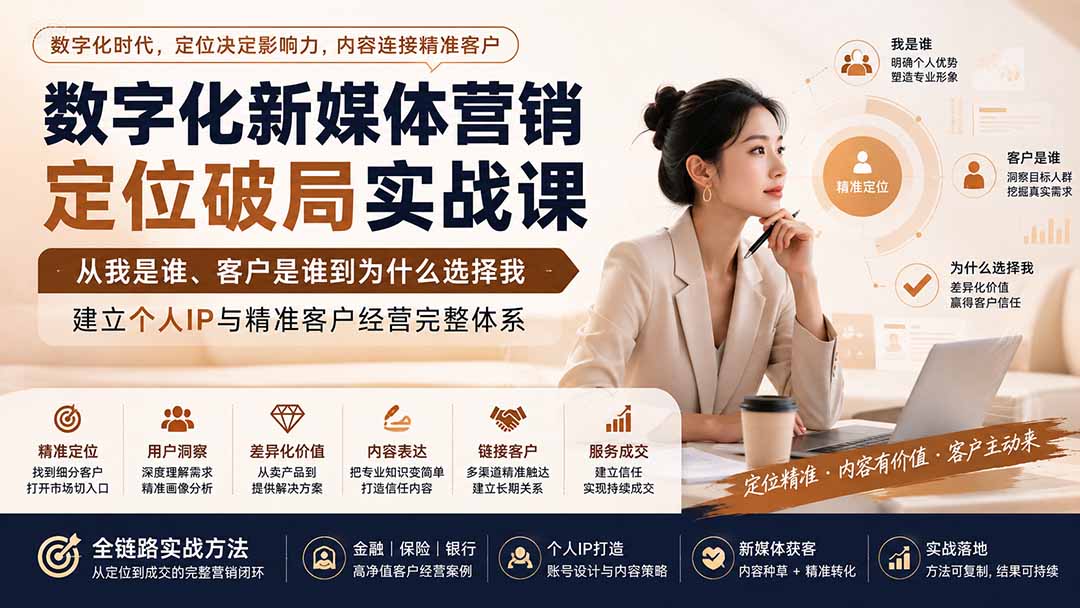 数字化新媒体营销定位破局实战课:从我是谁、客户是谁到为什么选择我,建立个人IP与精准客户经营完整体系-优优云网创
