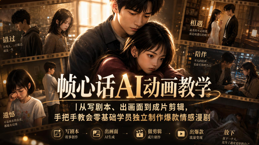 帧心话AI动画教学|从写剧本、出画面到成片剪辑,手把手教会零基础学员独立制作爆款情感漫剧-优优云网创