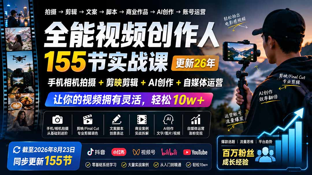 全能视频创作人155节实战课-更新26年8月:手机相机拍摄+剪映剪辑+AI创作+自媒体运营,让你的视频拥有灵活,轻松10w-优优云网创