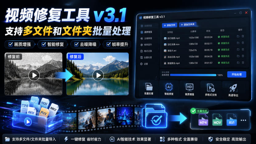 视频修复工具v3.1,支持多文件和文件夹批量处理-优优云网创