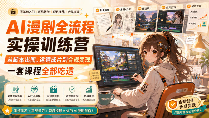 AI漫剧全流程实操训练营，从脚本出图、运镜成片到合规变现，一套课程全部吃透-优优云网创