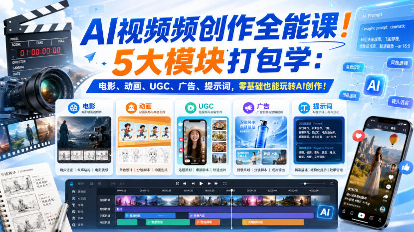 AI视频频创作全能课！5大模块打包学：电影、动画、UGC、广告、提示词，零基础也能玩转AI创作！【原创双语字幕】-优优云网创