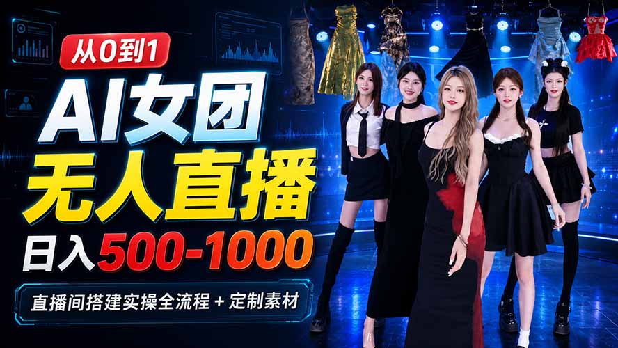 AI 女团无人直播,躺入500-1000每天,直播间搭建实操全流程+定制素材-优优云网创
