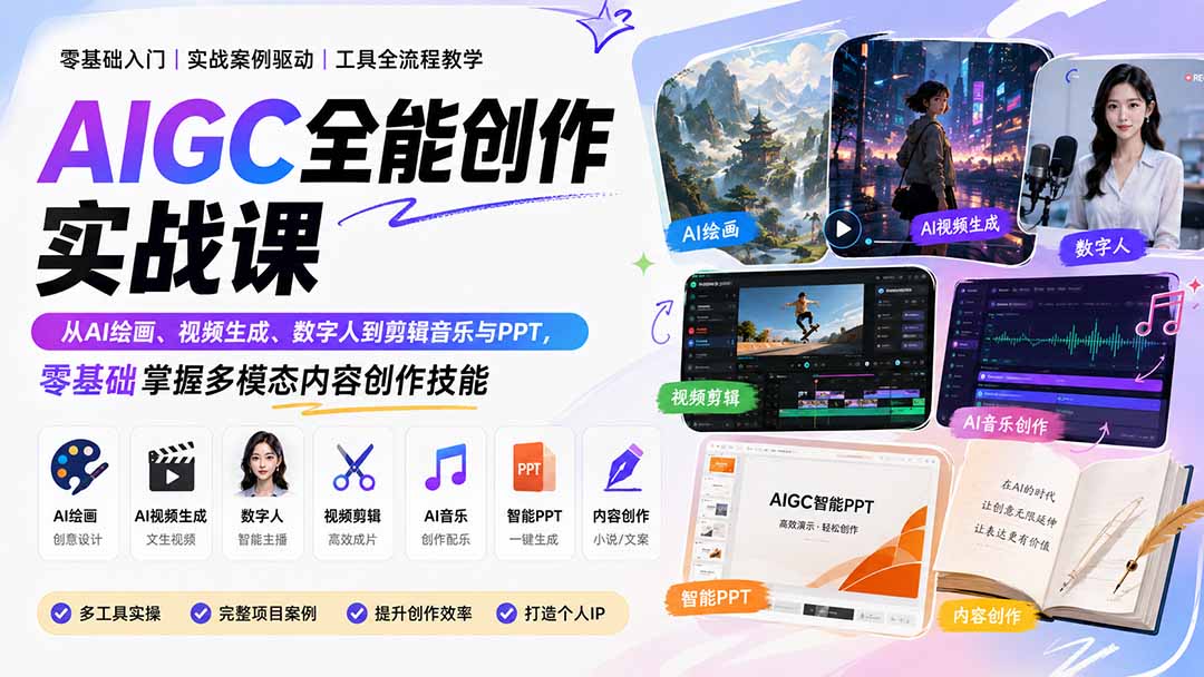 AIGC全能创作实战课:从AI绘画、视频生成、数字人到剪辑音乐与PPT,零基础掌握多模态内容创作技能-优优云网创