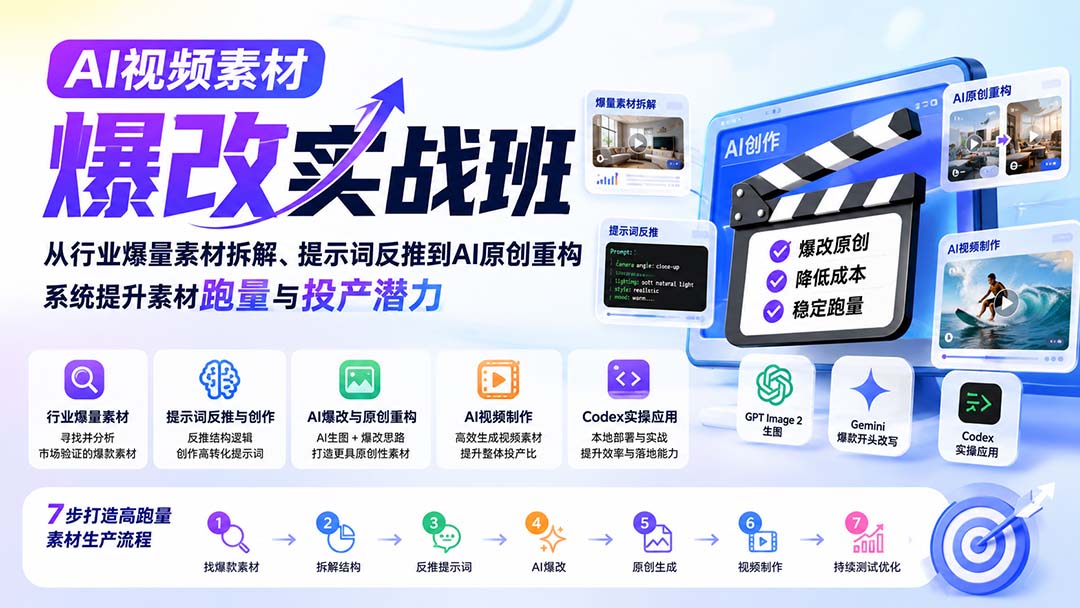 AI视频素材爆改实战班-更新8月：从行业爆量素材拆解、提示词反推到AI原创重构，系统提升素材跑量与投产潜力-优优云网创