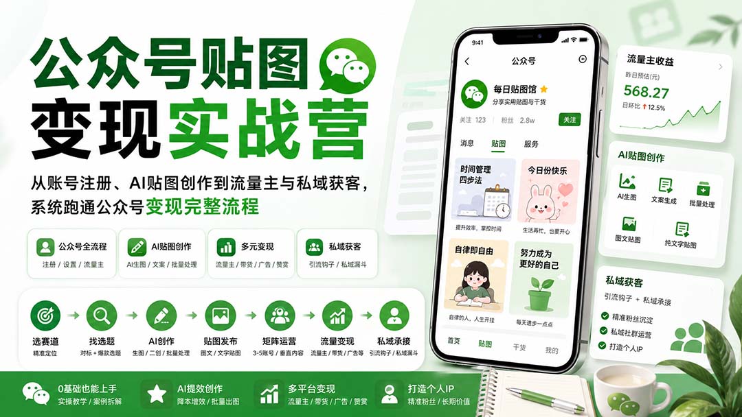 公众号贴图变现实战营:从账号注册、AI贴图创作到流量主与私域获客,系统跑通公众号变现完整流程-优优云网创