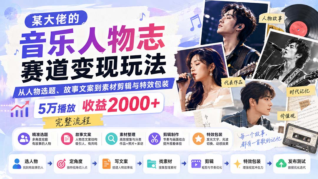 某大佬的音乐人物志赛道变现玩法:从人物选题、故事文案到素材剪辑与特效包装,5万播放收益2000+完整流程-优优云网创