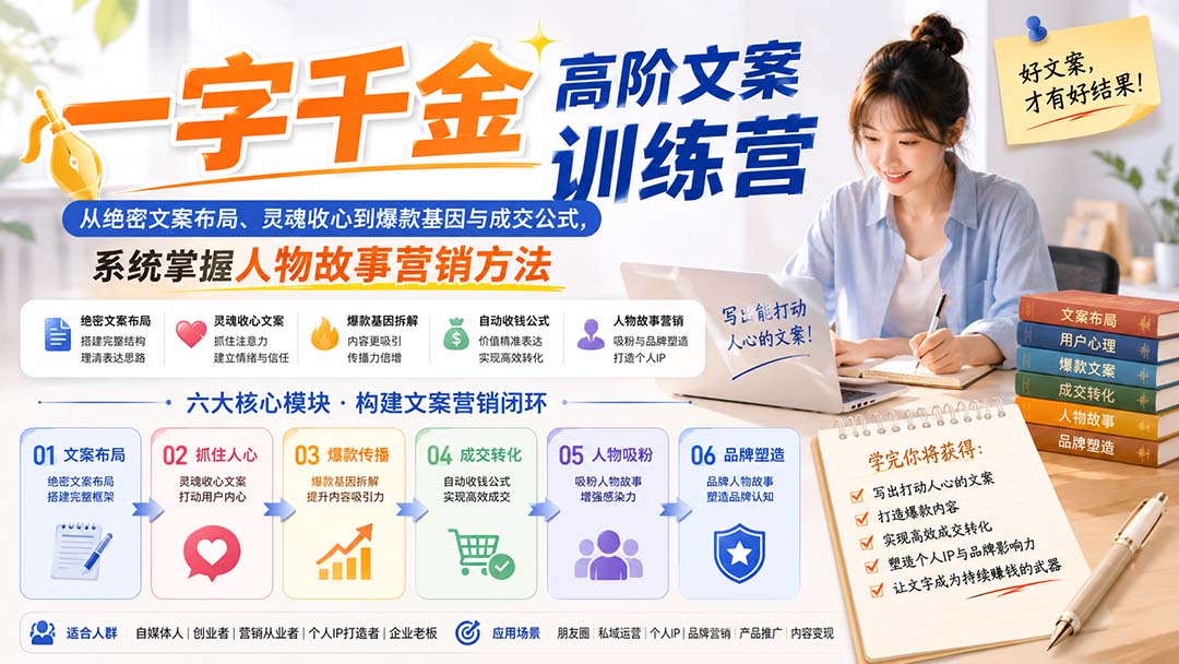 一字千金高阶文案训练营:从绝密文案布局、灵魂收心到爆款基因与成交公式,系统掌握人物故事营销方法-优优云网创