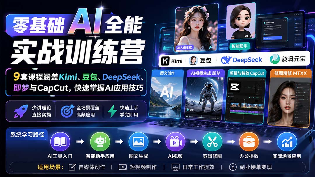 零基础AI全能实战训练营:9套课程涵盖Kimi、豆包、DeepSeek、即梦与CapCut,快速掌握AI应用技巧-优优云网创