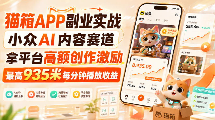 猫箱APP副业实战,小众AI内容赛道,拿平台高额创作激励,最高935米每分钟播放收益-优优云网创