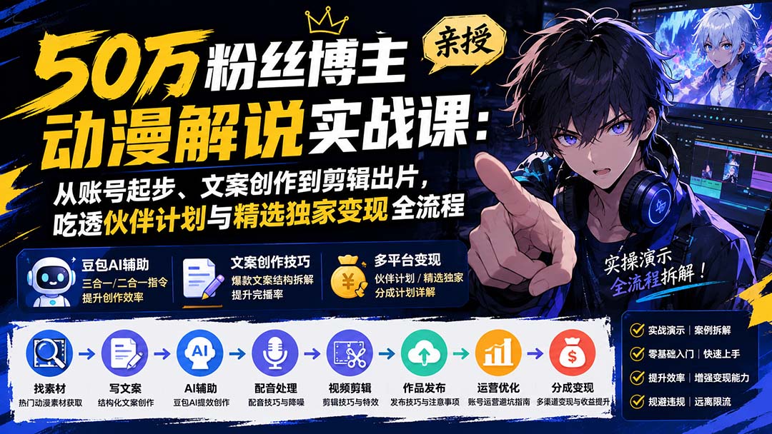 50万粉丝博主亲授动漫解说实战课：从账号起步、文案创作到剪辑出片，吃透伙伴计划与精选独家变现全流程-优优云网创
