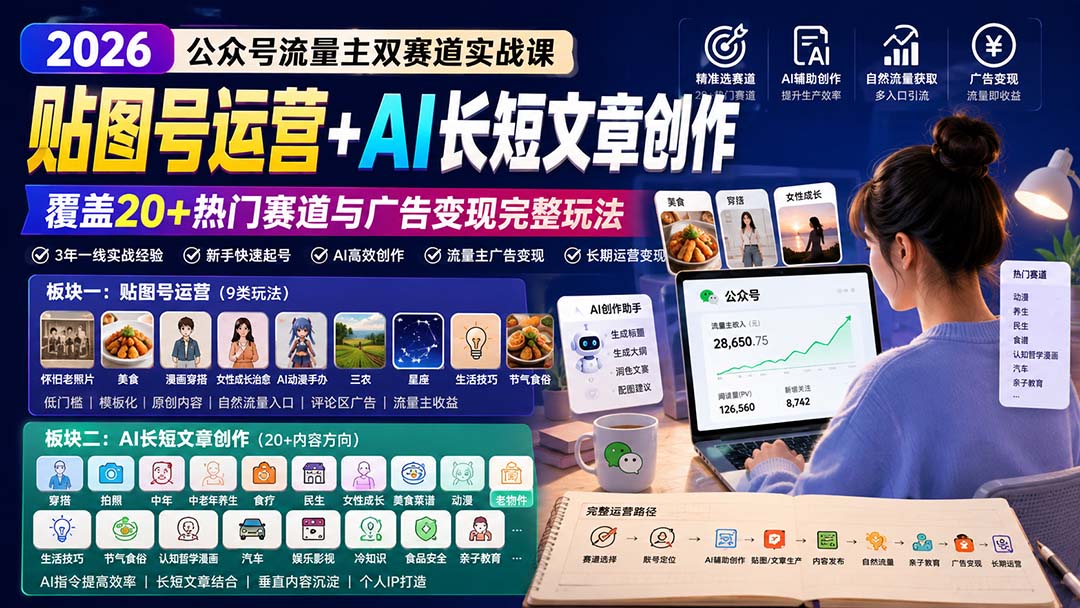 公众号流量主双赛道实战课:贴图号运营+AI长短文章创作,覆盖20+热门赛道与广告变现完整玩法-优优云网创