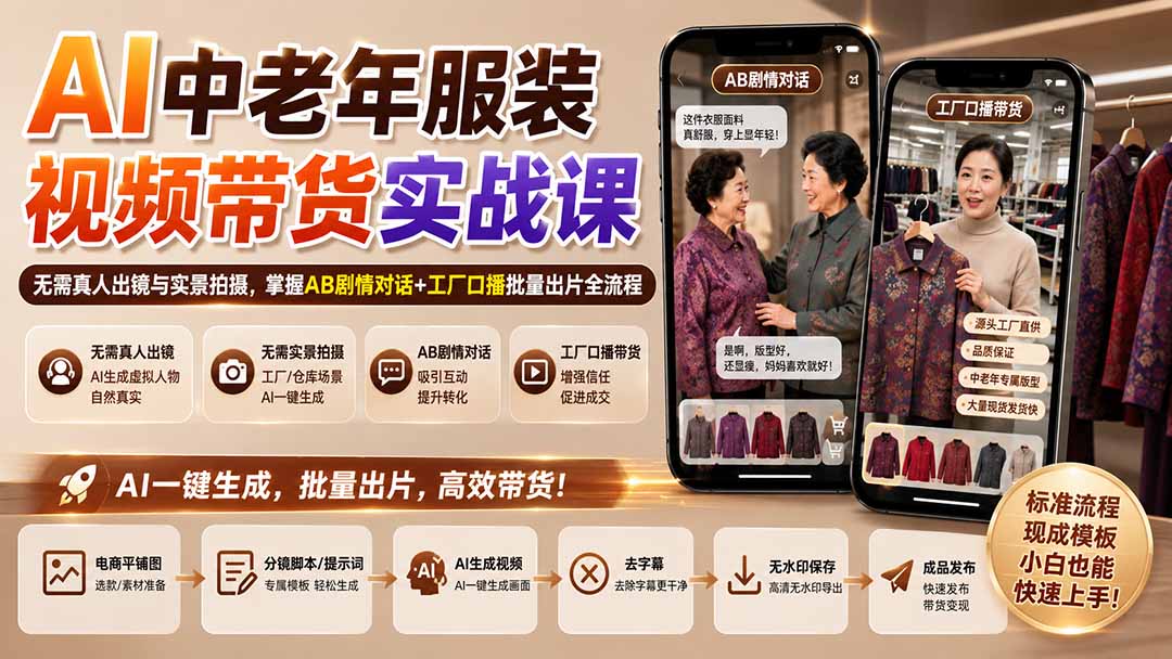 AI中老年服装视频带货实战课：无需真人出镜与实景拍摄，掌握AB剧情对话+工厂口播批量出片全流程-优优云网创