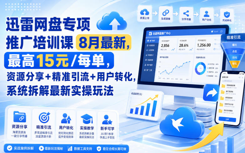迅雷网盘专项推广培训课8月最新，最高15米/每单，资源分享+精准引流+用户转化，系统拆解最新实操玩法(更新0903)-优优云网创