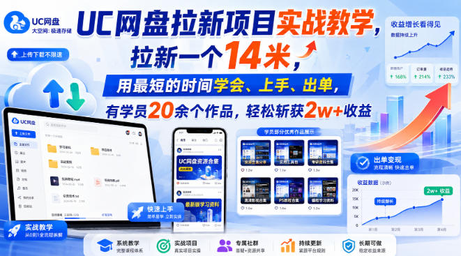 UC网盘拉新项目实战教学,拉新一个14米,用最短的时间学会、上手、出单,有学员20余个作品,轻松斩获2w+收益-优优云网创