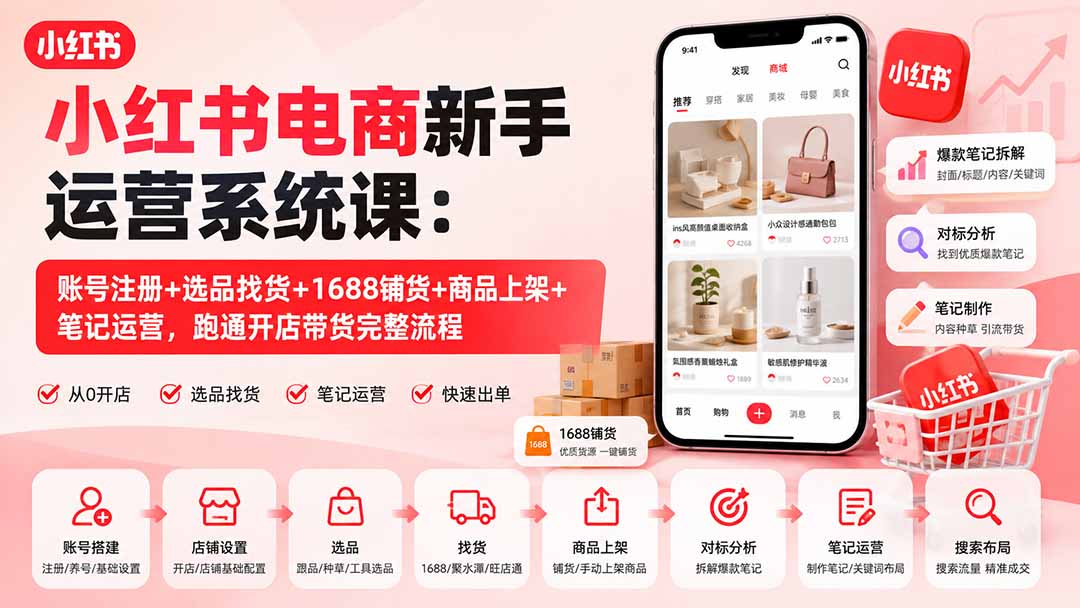 小红书电商新手运营系统课：账号注册+选品找货+1688铺货+商品上架+笔记运营，跑通开店带货完整流程-优优云网创