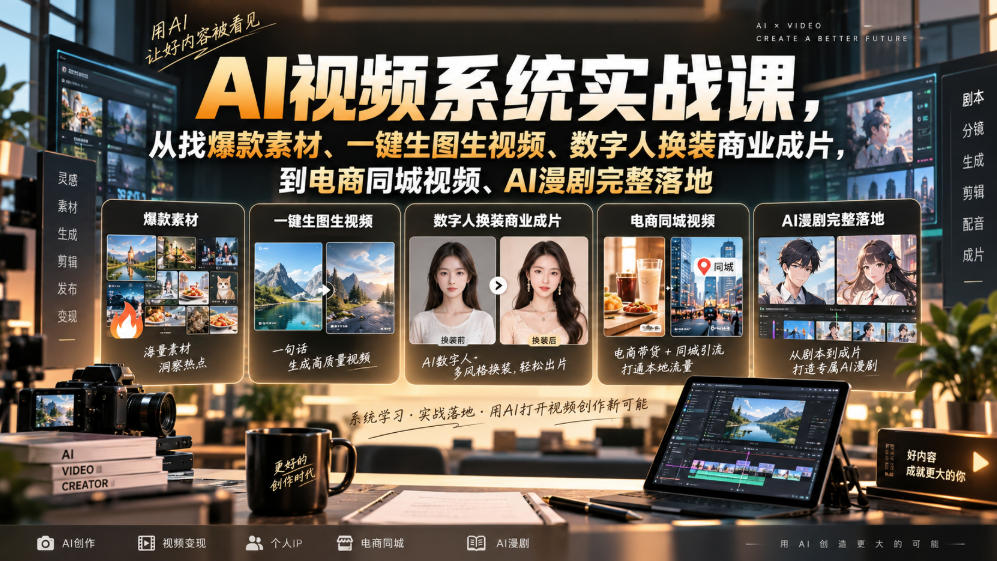 AI视频系统实战课,从找爆款素材、一键生图生视频、数字人换装商业成片,到电商同城视频、AI漫剧完整落地-优优云网创