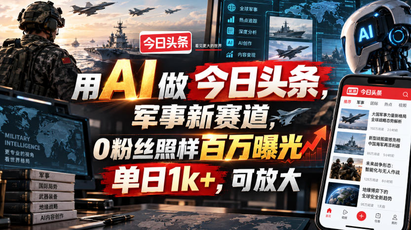 用AI做今日头条,军事新赛道,0粉丝照样百万曝光,单日1k+,可放大-优优云网创