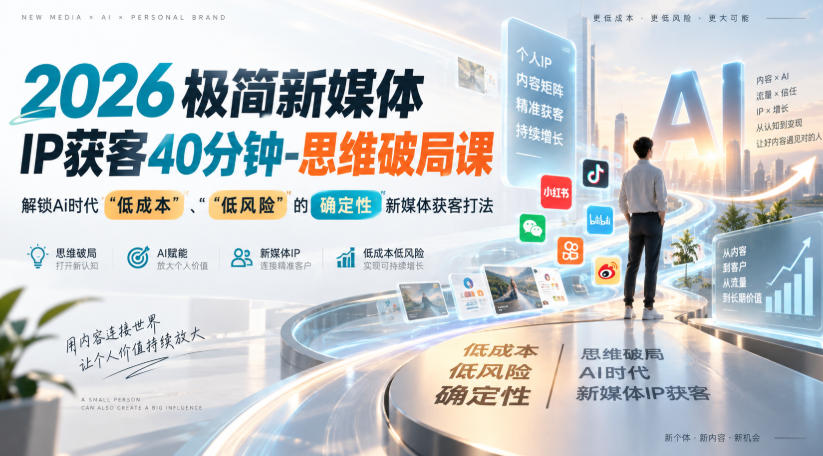 2026极简新媒体IP获客40分钟-思维破局课,解锁Ai时代“低成本”、“低风险”的确定性新媒体获客打法-优优云网创