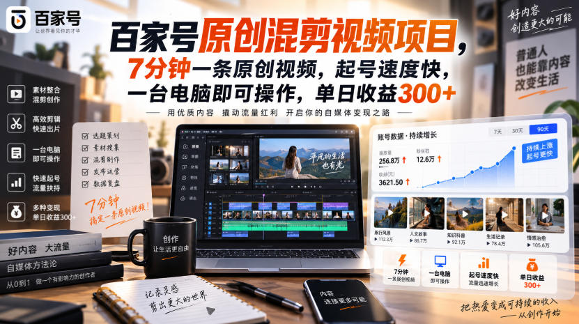 百家号原创混剪视频项目，7分钟一条原创视频，起号速度快，一台电脑即可操作，单日收益300+-优优云网创