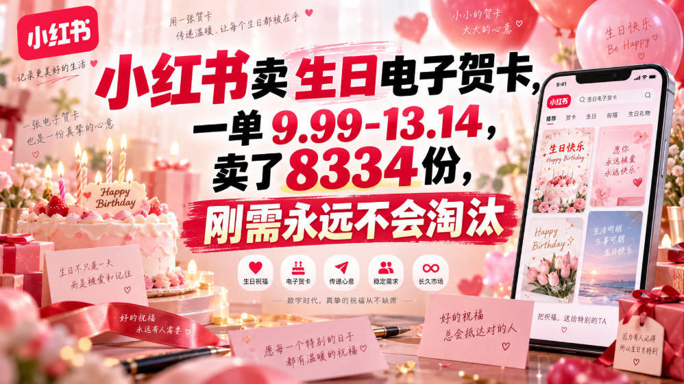 小红书卖生日电子贺卡,一单9.99-13.14,卖了8334份,刚需永远不会淘汰-优优云网创