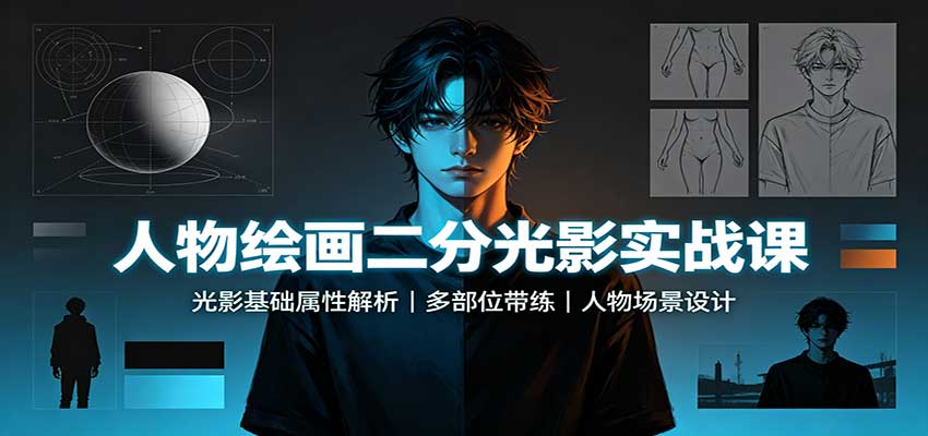 人物绘画二分光影实战课：光影基础属性解析，多部位带练，人物场景设计-优优云网创