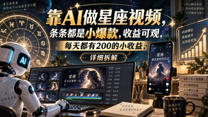 靠AI做星座视频，条条都是小爆款，收益可观，每天都有200的小收益，详细拆解-优优云网创