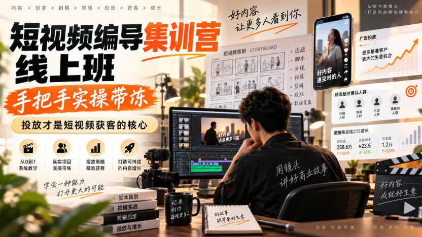 短视频编导集训营线上班，手把手实操带冻，投放才是短视频获客的核心-优优云网创