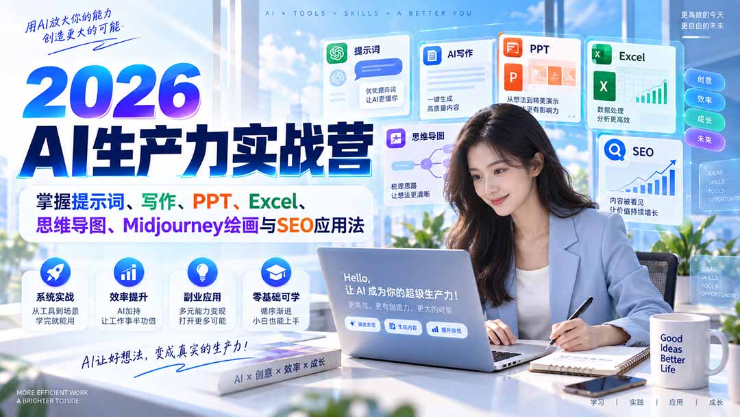 2026AI生产力实战营:掌握提示词、写作、PPT、Excel、思维导图、Midjourney绘画与SEO应用法-优优云网创