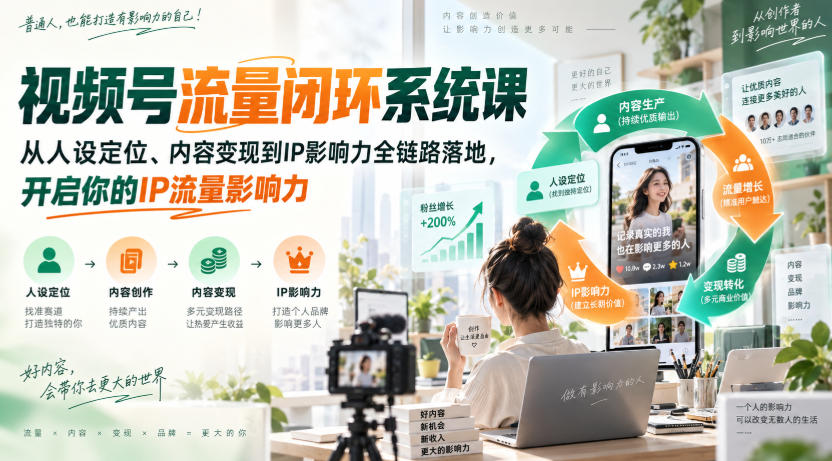 视频号流量闭环系统课,从人设定位、内容变现到IP影响力全链路落地,开启你的IP流量影响力-优优云网创