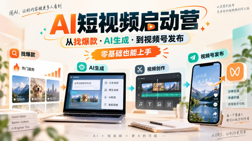 AI短视频启动营,从找爆款·AI生成·到视频号发布,零基础也能上手-优优云网创