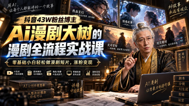 抖音43W粉丝博主Ai漫剧大树的漫剧制作全流程实战课,零基础小白轻松做漫剧短片,涨粉变现-优优云网创