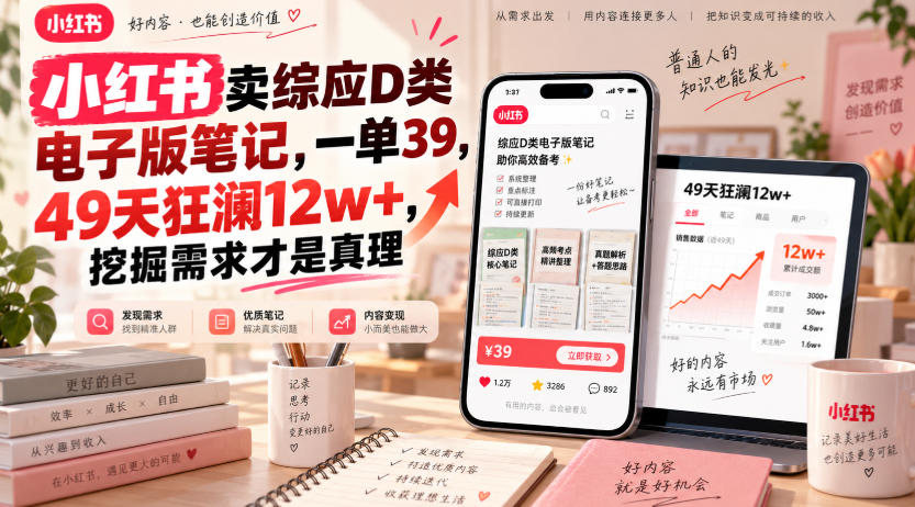小红书卖综应D类电子版笔记,一单39,49天狂澜12w+,挖掘需求才是真理-优优云网创