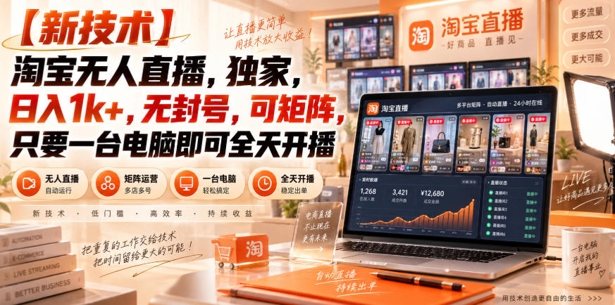 【独家新技术】淘宝无人直播,日入1k+,无封号,可矩阵,只要一台电脑即可全天开播【揭秘】-优优云网创