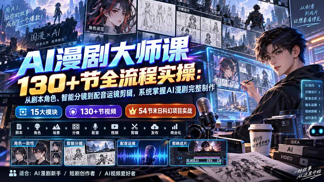AI漫剧大师课130+节全流程实操：从剧本角色、智能分镜到配音运镜剪辑，系统掌握AI漫剧完整制作-优优云网创