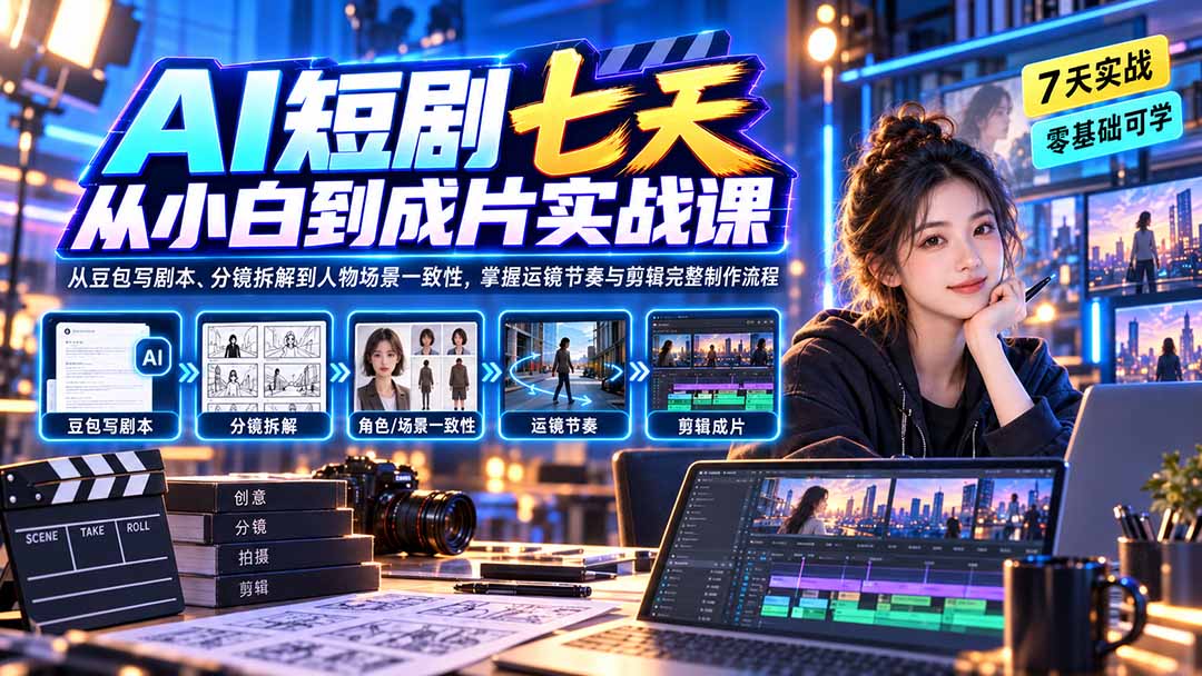 AI短剧七天从小白到成片实战课:从豆包写剧本、分镜拆解到人物场景一致性,掌握运镜节奏与剪辑完整制作流程-优优云网创