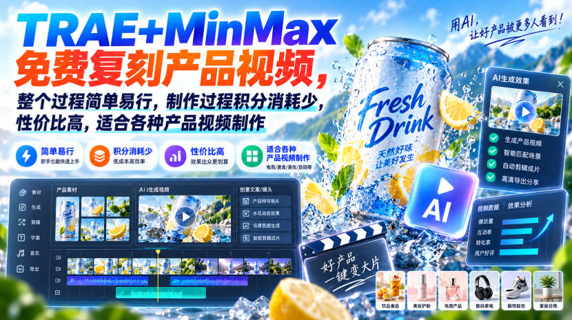 TRAE+MinMax免费复刻产品视频,整个过程简单易行,制作过程积分消耗少,性价比高,适合各种产品视频制作-优优云网创