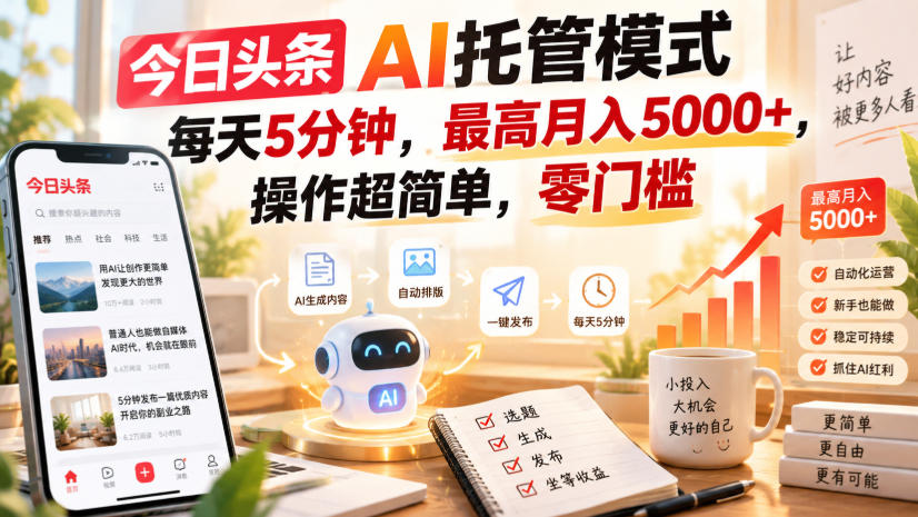 今日头条AI托管模式,每天5分钟,最高月入5000+,操作超简单,零门槛【揭秘】-优优云网创