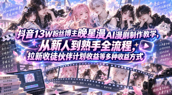 抖音13W粉丝博主晚星漫AI漫剧制作教学,从新人到熟手全流程,拉新收徒伙伴计划收益等多种收益方式,单日1K+-优优云网创